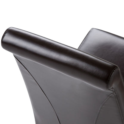 Close-up of the Avalon - Deluxe Parson Dining Chair (Set of 2) backrest in dark brown leather, highlighting its smooth, shiny upholstery and clean stitching details.