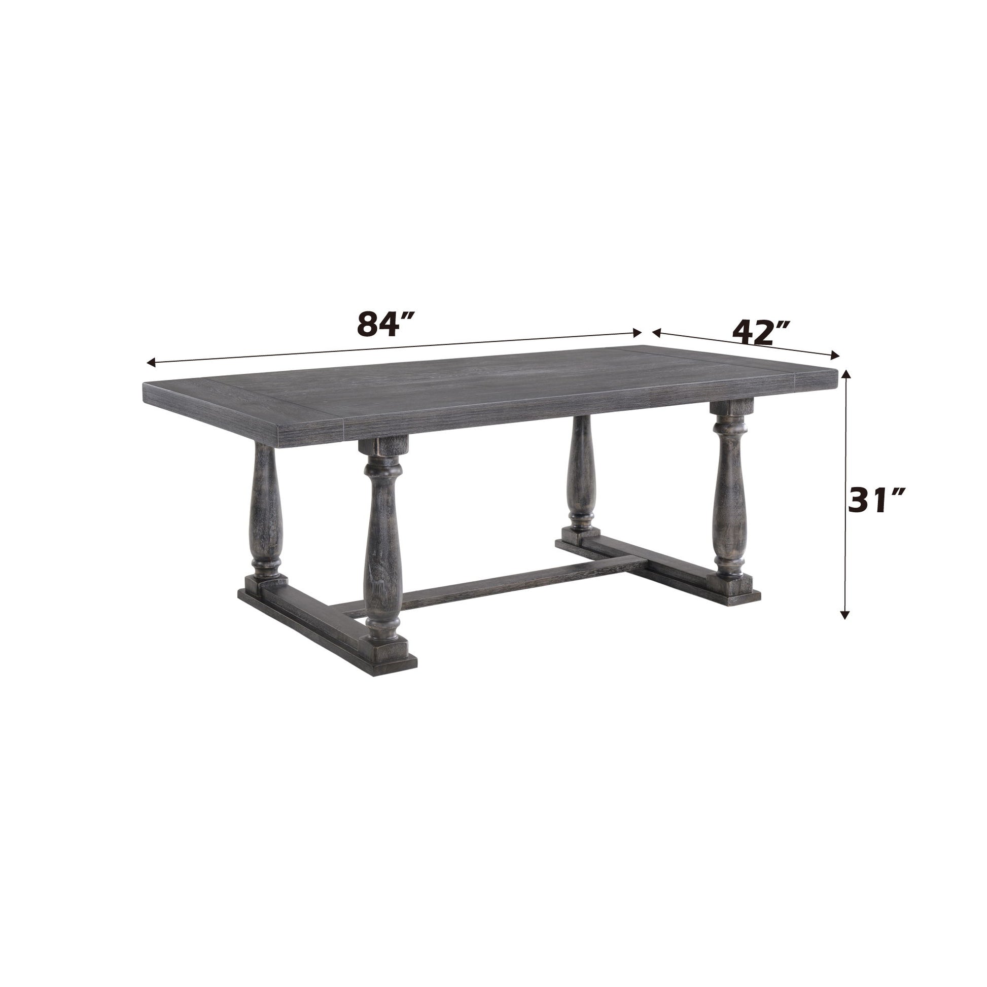 The Bernard - Weathered Dining Table is rectangular with ornate legs, measuring 84"L x 42"W x 31"H. It features a dark, weathered finish and sturdy construction.