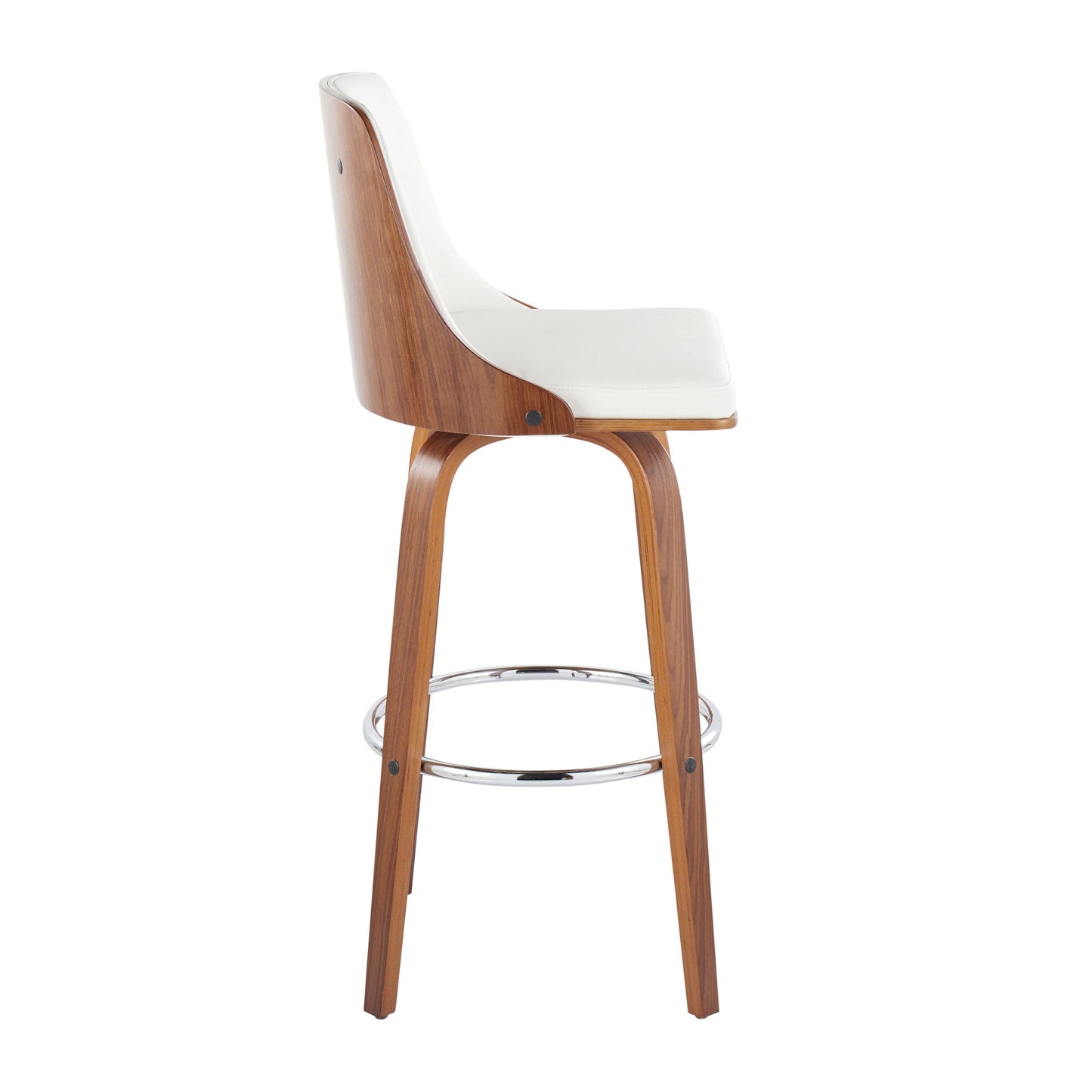 The Gianna Mid Century Modern Fixed Height Barstool Set of 2 features wooden legs, a round chrome footrest, and a curved wooden backrest with white cushioned seat and back padding, displayed in profile view against a white background.