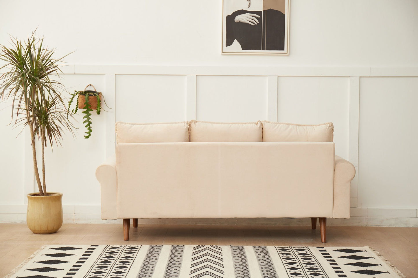 A modern living room with the Graceful Design Plush Comfort Sofa in beige against a white paneled wall, a potted plant and hanging planter to the side, monochrome abstract art above, and a black-and-white patterned rug on the floor.