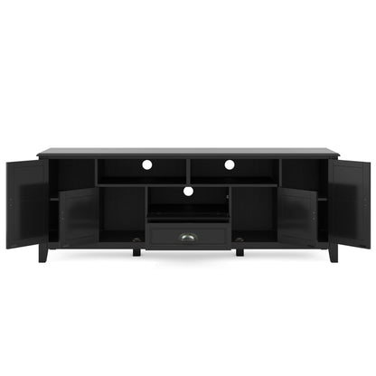 The Burlington TV Media Stand features a black wooden finish, two side cabinets, three open back shelves with cable management holes, and a central pull-out drawer. All cabinet doors and the drawer are shown open.