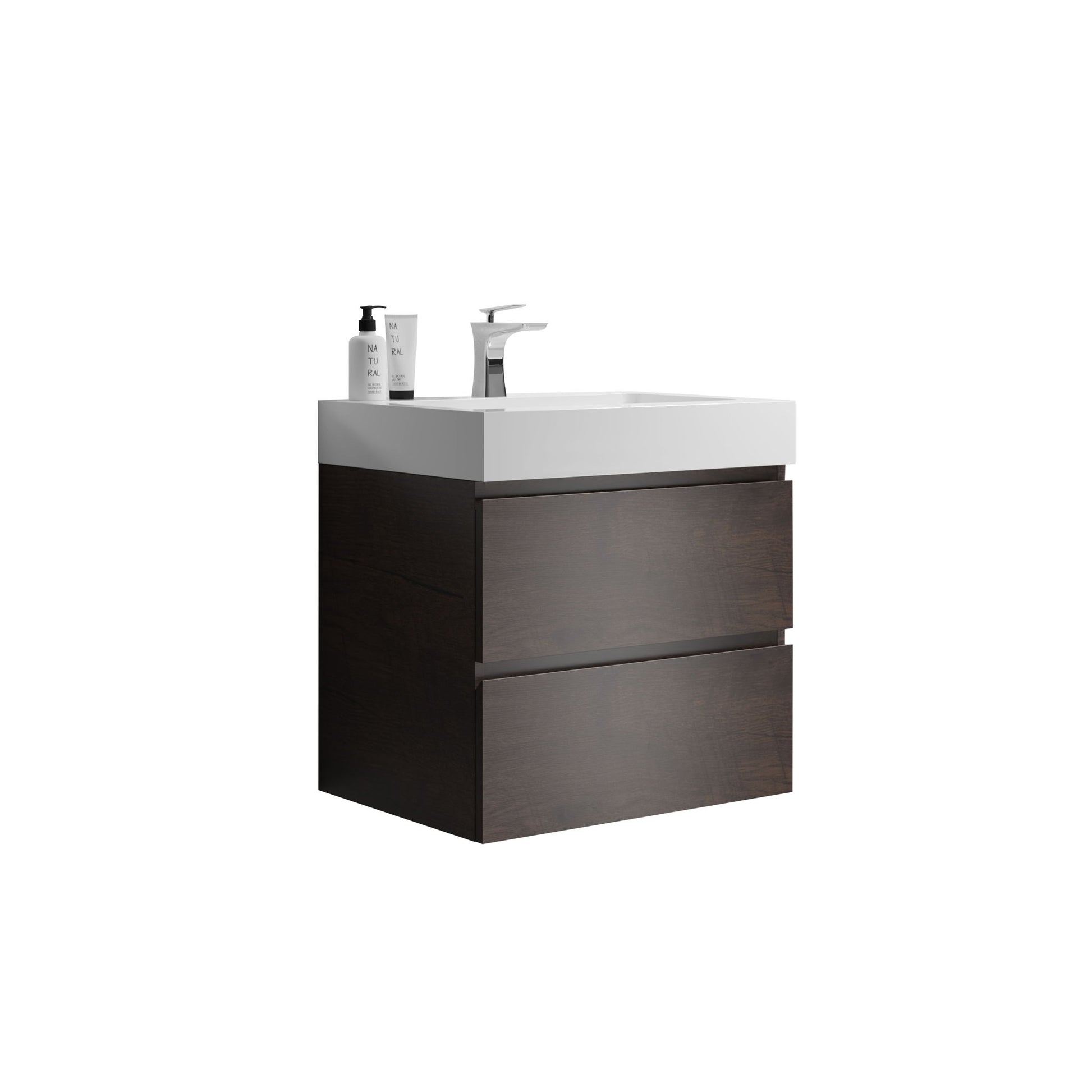 The Alice wall-mounted bathroom vanity features a modern design with a white rectangular one-piece sink basin (no drain or faucet included) and spacious dark wood storage drawers. Two soap dispensers are placed in the back left corner of the sink.