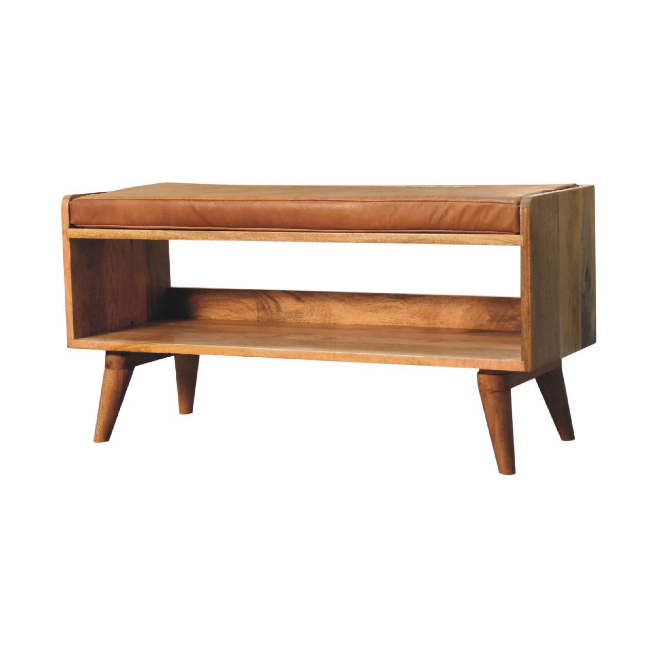 The Solid Wood Bench With Upholstered Seat features angled legs, an open storage shelf, a cushioned top, clean lines, and a natural wood finish in a mid-century modern style.