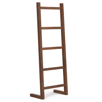 The Bray Bath Towel and Blanket Ladder Shelf in natural walnut features four rungs and wide, flat base supports, standing upright against a white background.