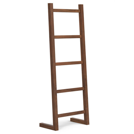 The Bray Bath Towel and Blanket Ladder Shelf in natural walnut features four rungs and wide, flat base supports, standing upright against a white background.