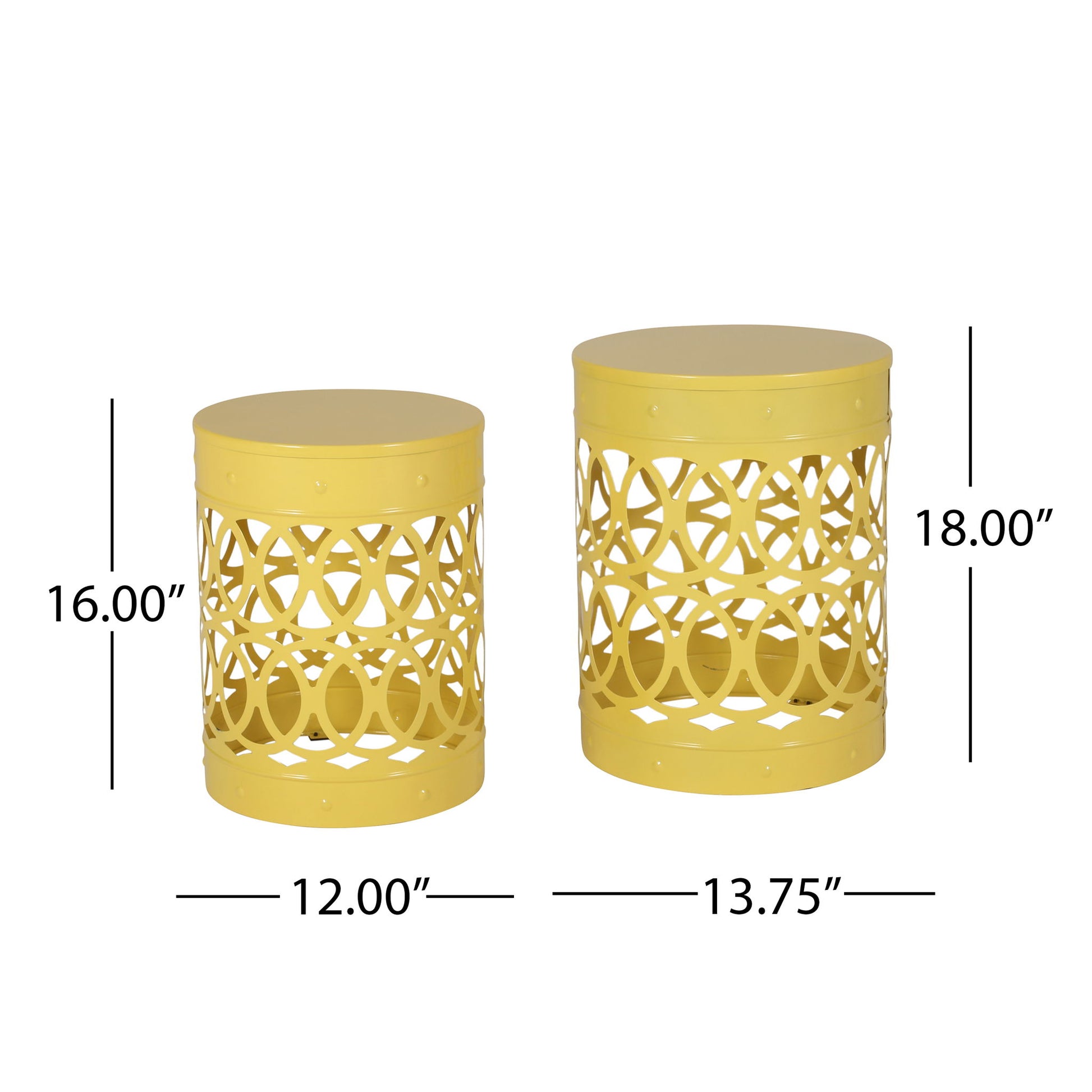 The Outdoor Metal S/2 End Table includes two yellow accent tables with open circular designs: one measures 16"H x 12"W, the other 18"H x 13.75"W. Each table's size is illustrated with black lines and labels.