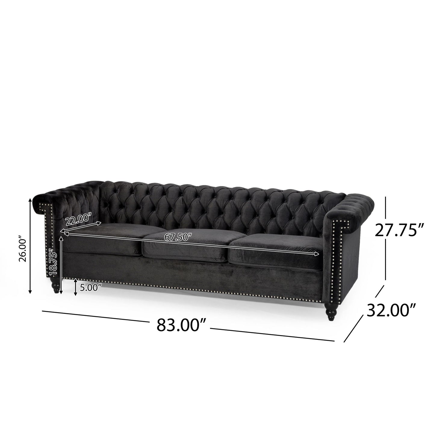 Chesterfield Style 3 Seater Sofa with deep button tufting, rolled arms, silver nailhead trim, and three seat cushions. Dimensions: 83”W x 32”D x 27.75”H; arm height: 26”, cushion height: 5”, seat width: 67.5”.