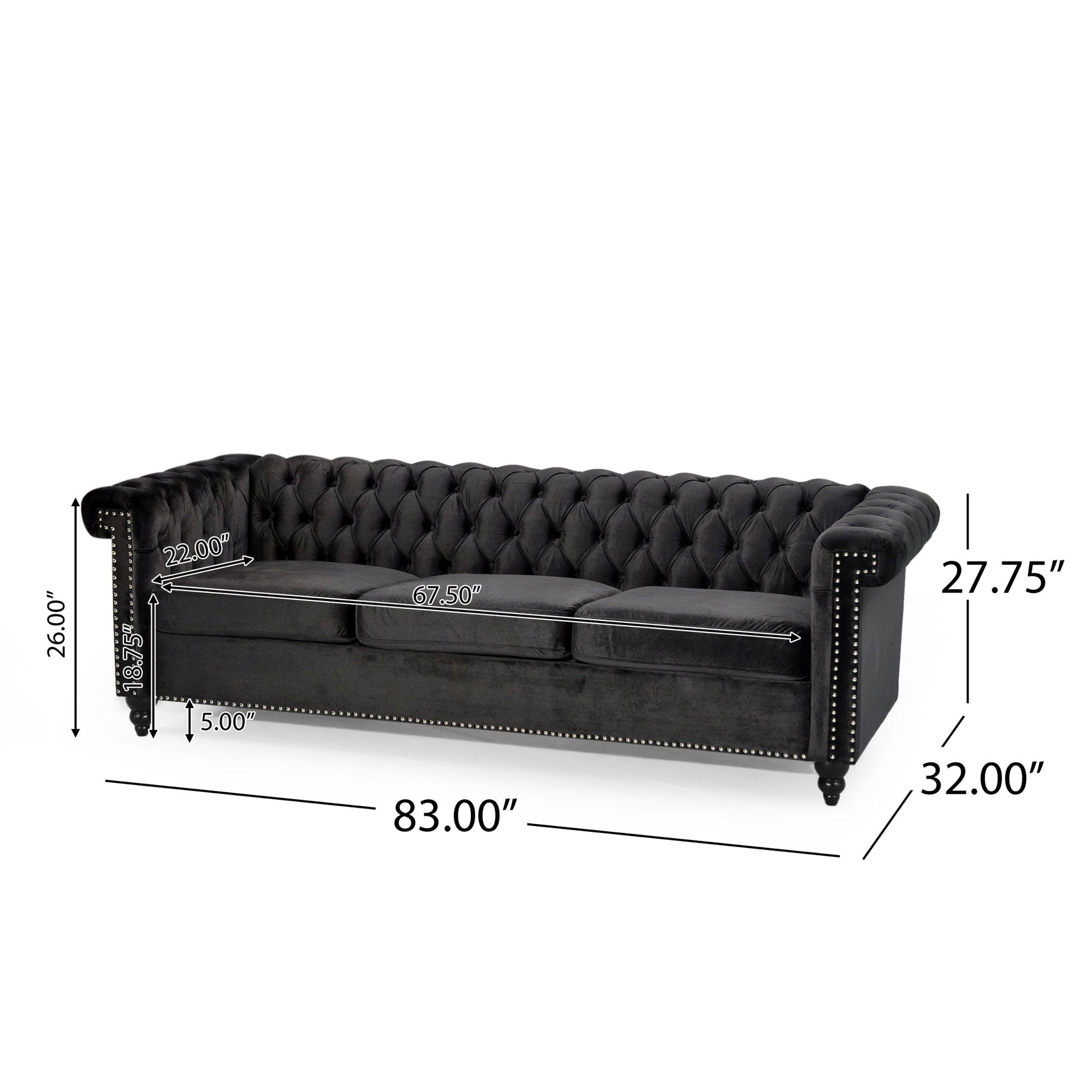 Chesterfield Style 3 Seater Sofa with deep button tufting, rolled arms, silver nailhead trim, and three seat cushions. Dimensions: 83”W x 32”D x 27.75”H; arm height: 26”, cushion height: 5”, seat width: 67.5”.