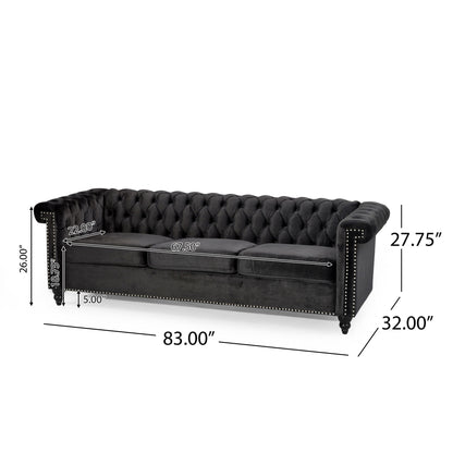 Chesterfield Style 3 Seater Sofa with deep button tufting, rolled arms, silver nailhead trim, and three seat cushions. Dimensions: 83”W x 32”D x 27.75”H; arm height: 26”, cushion height: 5”, seat width: 67.5”.