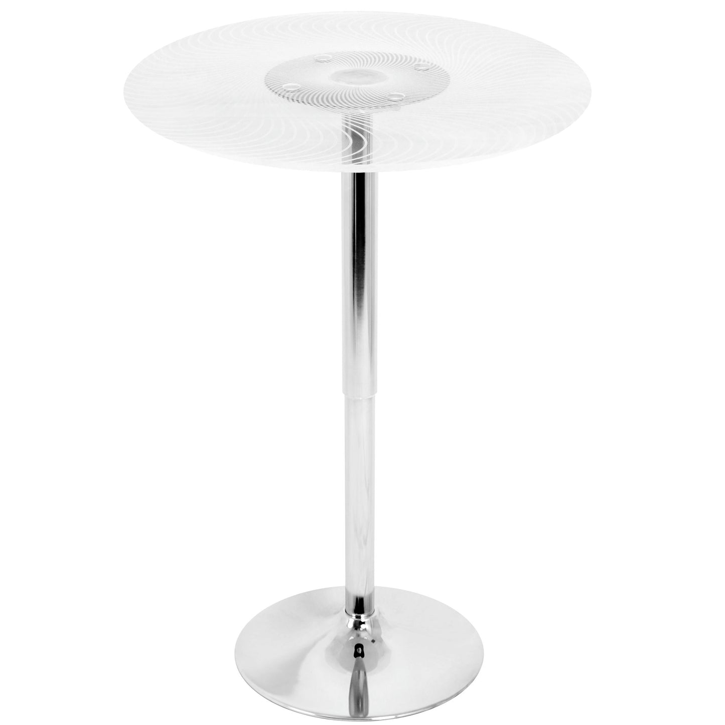The Spyra Ale - 3 Piece Contemporary Adjustable Bar With Up Set features a modern round table with a transparent patterned glass top and a chrome pedestal base with a circular foot.
