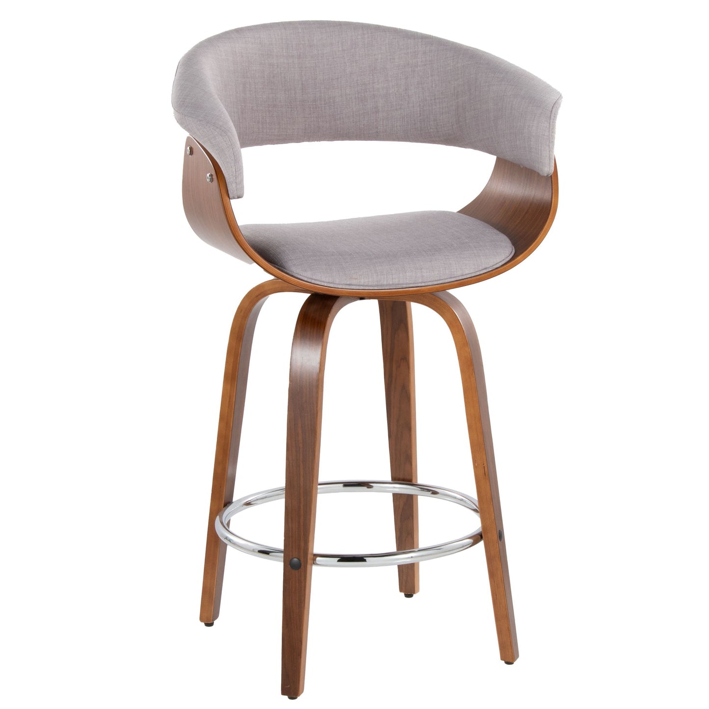 The Vintage Mod Mid Century Modern Counter Stool set features a curved wood frame, light gray upholstered seat and backrest, four wooden legs, and a round chrome footrest. Includes fixed height swivel function. Set of 2.
