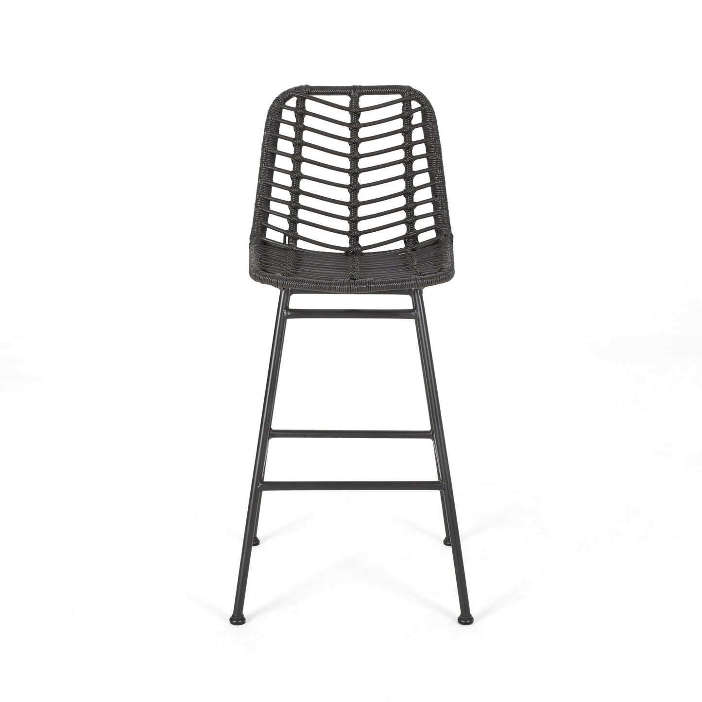 The Sawtelle Outdoor Wicker Barstools (Set of 2) feature a modern black design with woven rattan-style backrests and seats, slim metal legs, and a footrest, shown against a plain white background.