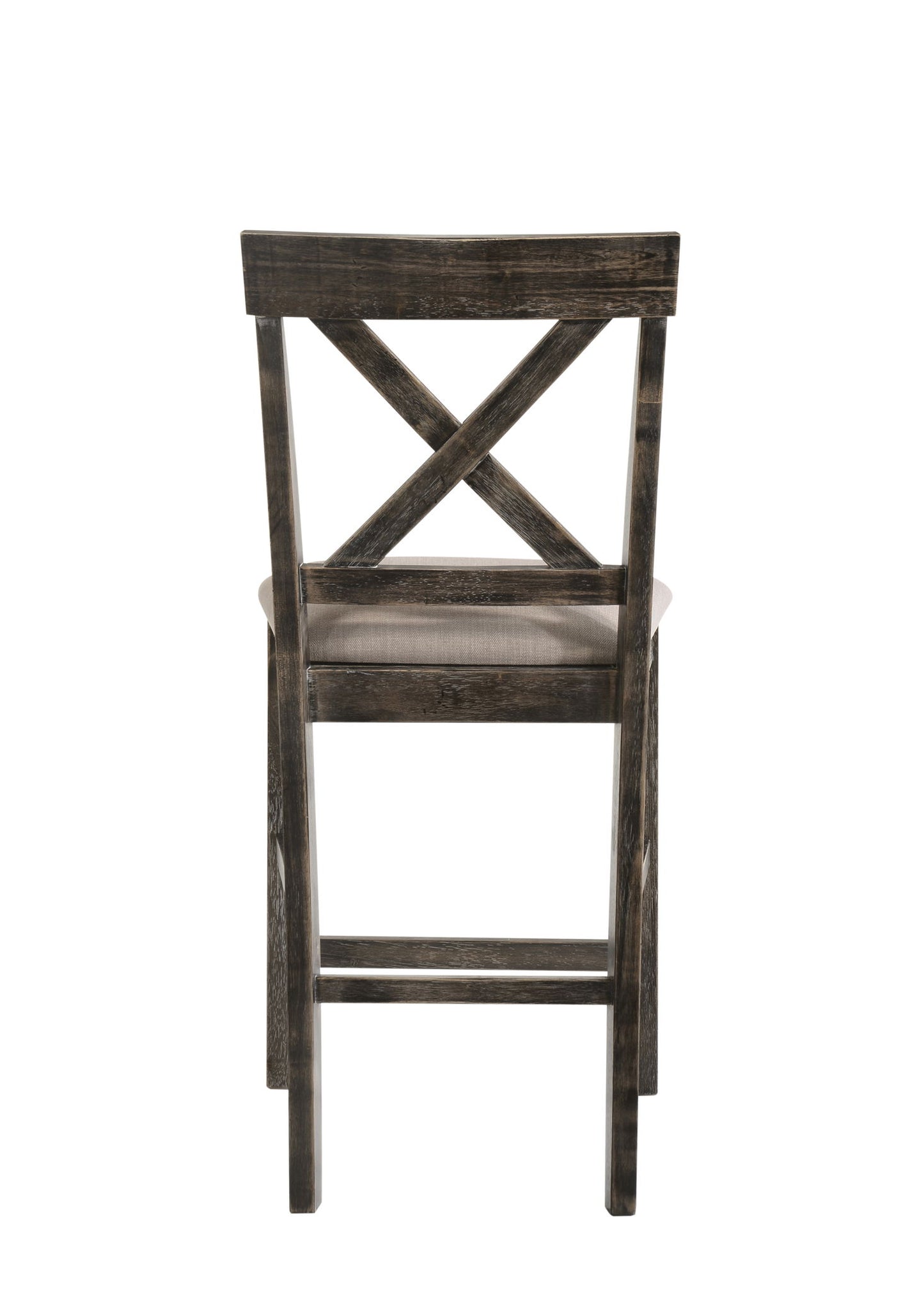 A set of two Martha II Weathered Counter Height Chairs in gray and tan, featuring cushioned seats and X-shaped backrests, shown from the back against a white background.