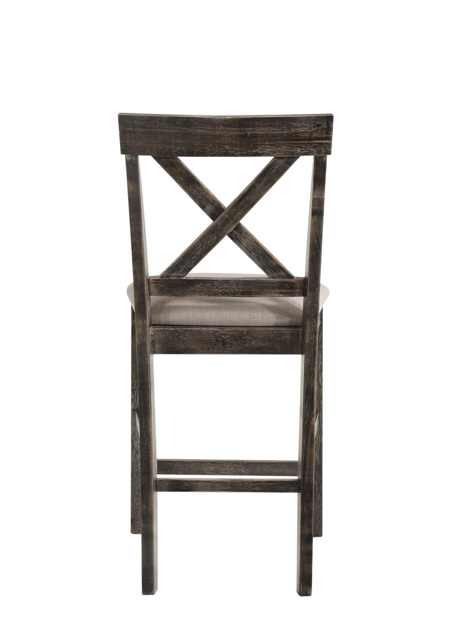 A set of two Martha II Weathered Counter Height Chairs in gray and tan, featuring cushioned seats and X-shaped backrests, shown from the back against a white background.