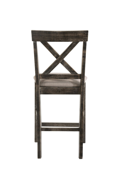 A set of two Martha II Weathered Counter Height Chairs in gray and tan, featuring cushioned seats and X-shaped backrests, shown from the back against a white background.