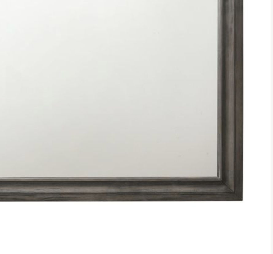 The Naima Minimalist Design Mirror features a gray, rectangular surface with a simple dark wood frame.