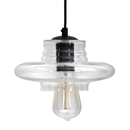 The Torus - Saucer Industrial Pendant - Clear features a round clear glass shade with a visible bulb, suspended by a black cord.