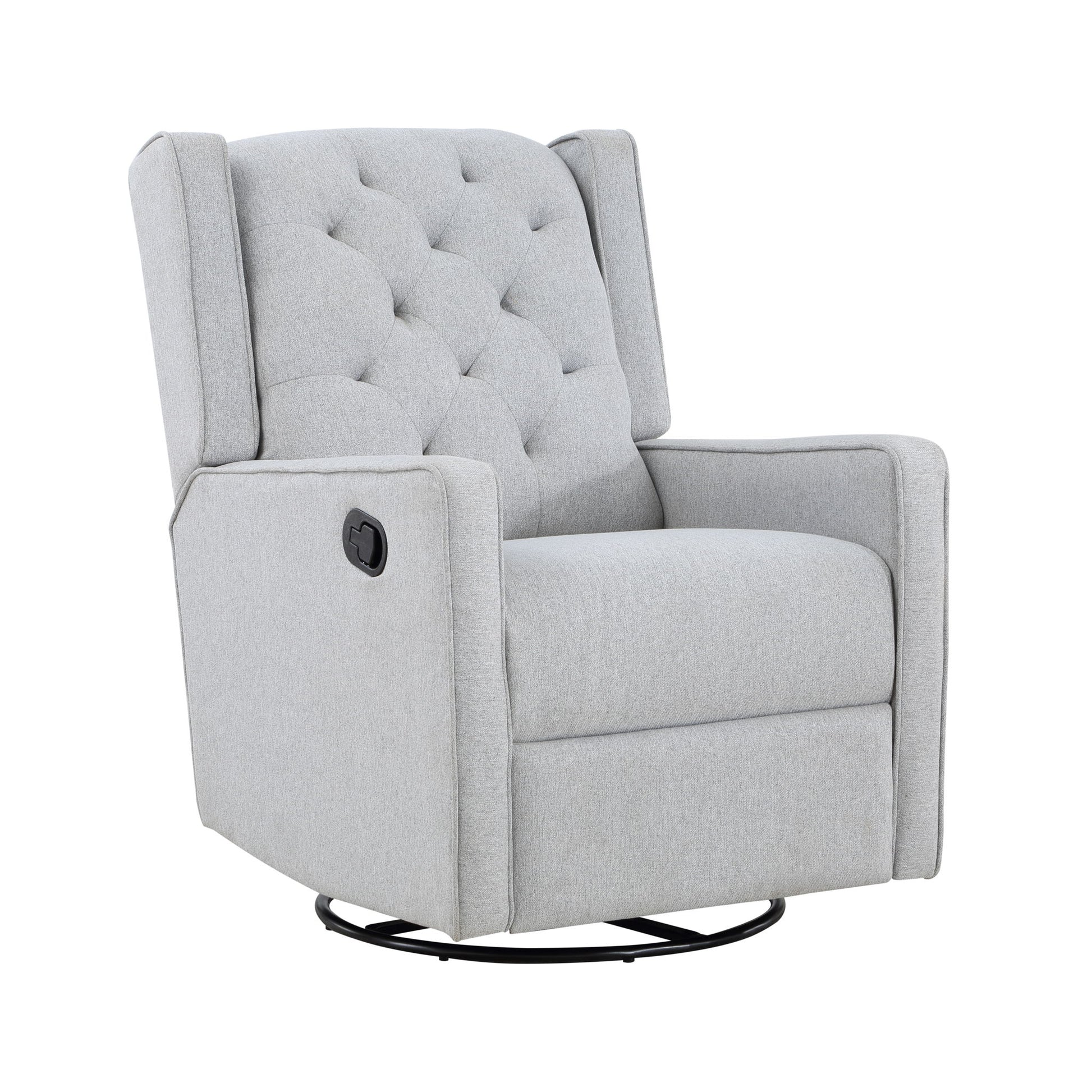 The Milah Gliding Swivel Recliner Tufted features light gray upholstery, tufted button detailing on the backrest, wingback sides, a swivel base, and a visible black lever on the side.