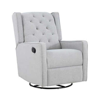 The Milah Gliding Swivel Recliner Tufted features light gray upholstery, tufted button detailing on the backrest, wingback sides, a swivel base, and a visible black lever on the side.