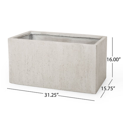 Modern Outdoor Planter in light gray features a textured rectangular design. Dimensions: 31.25" L x 15.75" D x 16.00" H.
