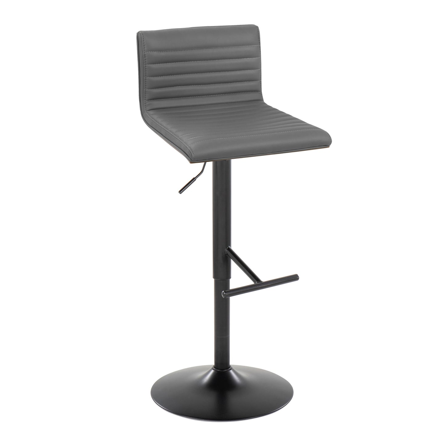 The Mason Contemporary Adjustable Barstool (Set of 2) features a gray padded ribbed backrest and seat, black swivel metal base, and straight T footrest.