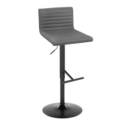 The Mason Contemporary Adjustable Barstool (Set of 2) features a gray padded ribbed backrest and seat, black swivel metal base, and straight T footrest.