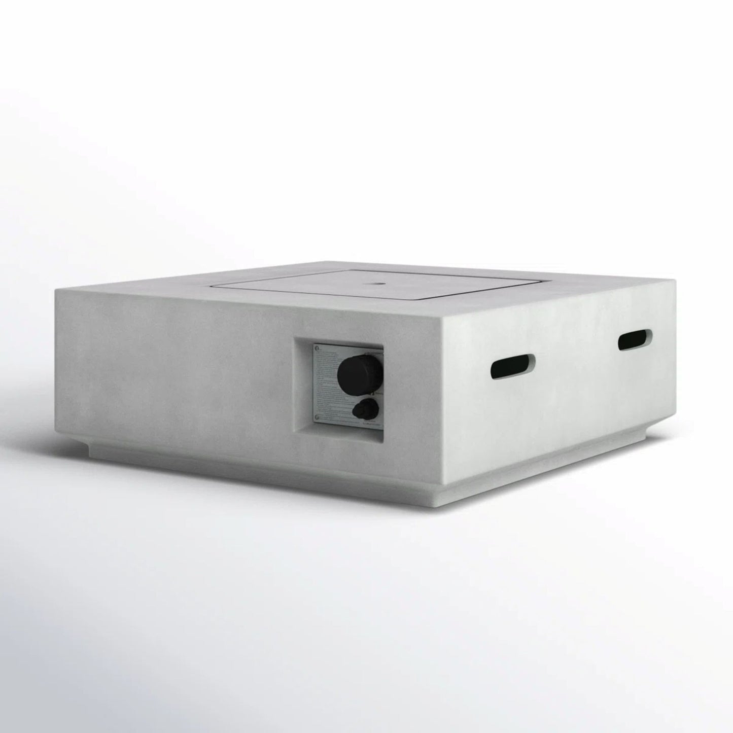 The Reinforced - Propane / Gas Fire Pit Table is a square, modern concrete fire pit with clean lines, control knobs on one side, and rectangular vents on two sides, shown against a plain white background.