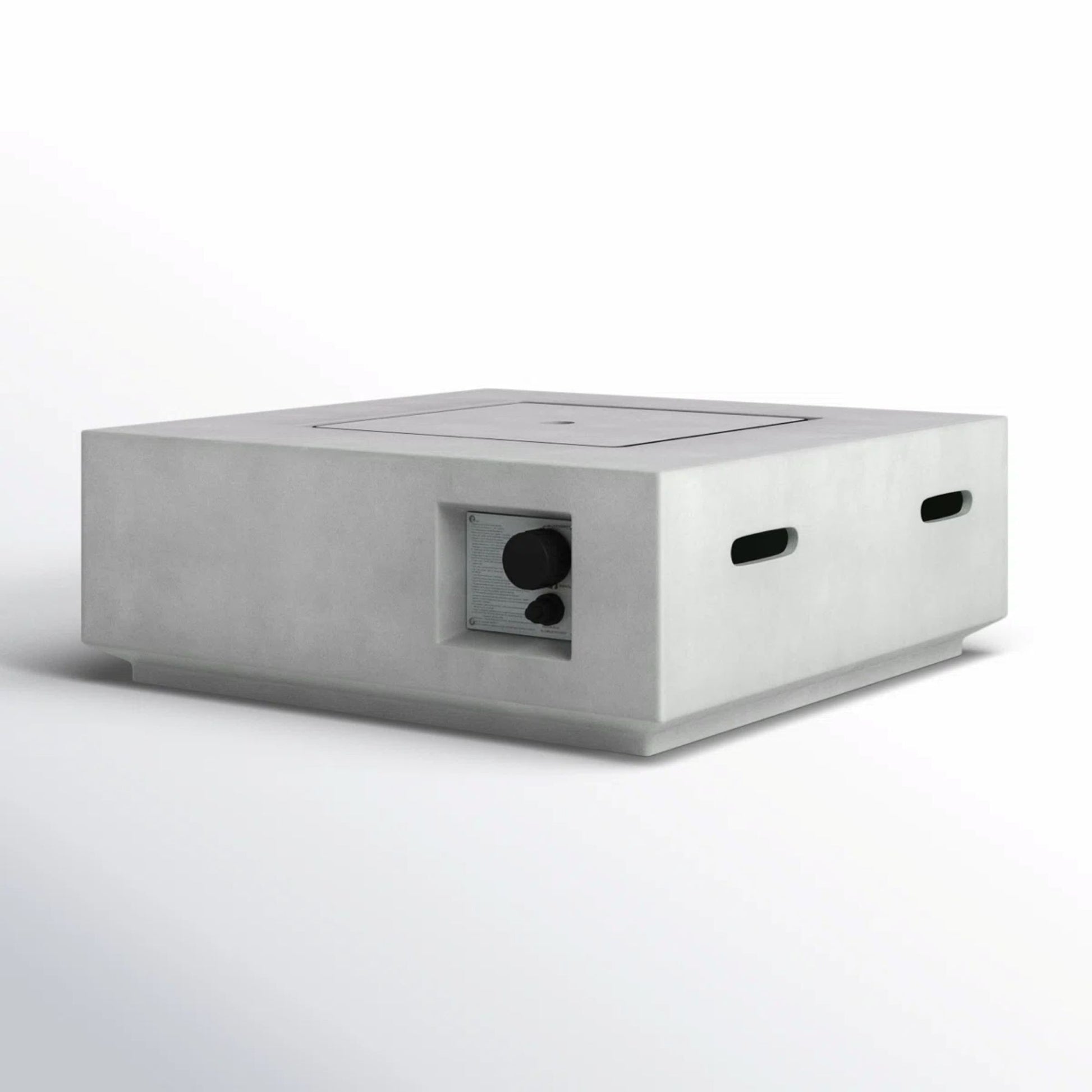 The Reinforced - Propane / Gas Fire Pit Table is a square, modern concrete fire pit with clean lines, control knobs on one side, and rectangular vents on two sides, shown against a plain white background.
