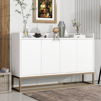 The Modern Sideboard Elegant Buffet Cabinet With Large Storage Space for Dining Room or Entryway stands by the wall, topped with vases, a plant, a figurine, and books. Framed art hangs above; a basket rests on the floor nearby.