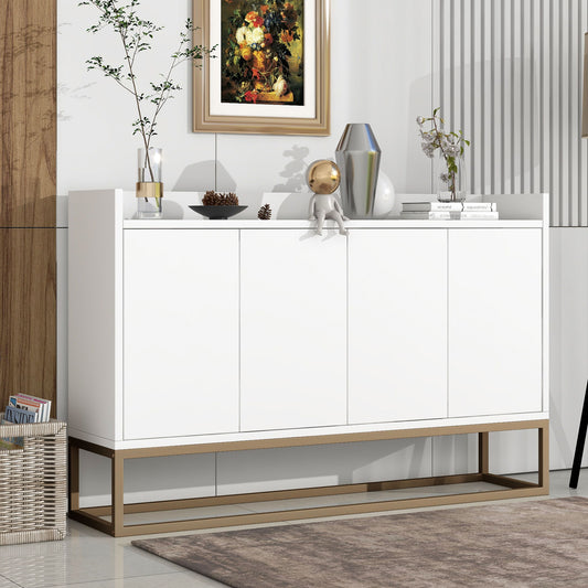 The Modern Sideboard Elegant Buffet Cabinet With Large Storage Space for Dining Room or Entryway stands by the wall, topped with vases, a plant, a figurine, and books. Framed art hangs above; a basket rests on the floor nearby.