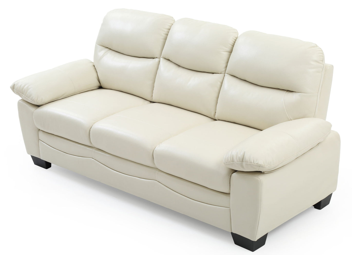 The Marta - Sofa is a three-seater upholstered in cream leather with plush cushions, wide padded armrests, and short black legs, shown against a white background.