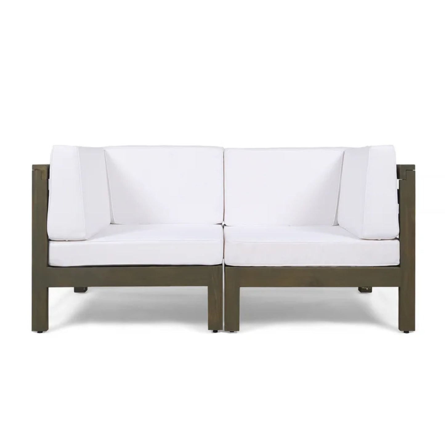 The Oana 2 Piece Loveseat Set features a modern design with a dark wooden frame and water-resistant white cushioned seats and backrests, displayed against a plain white background.