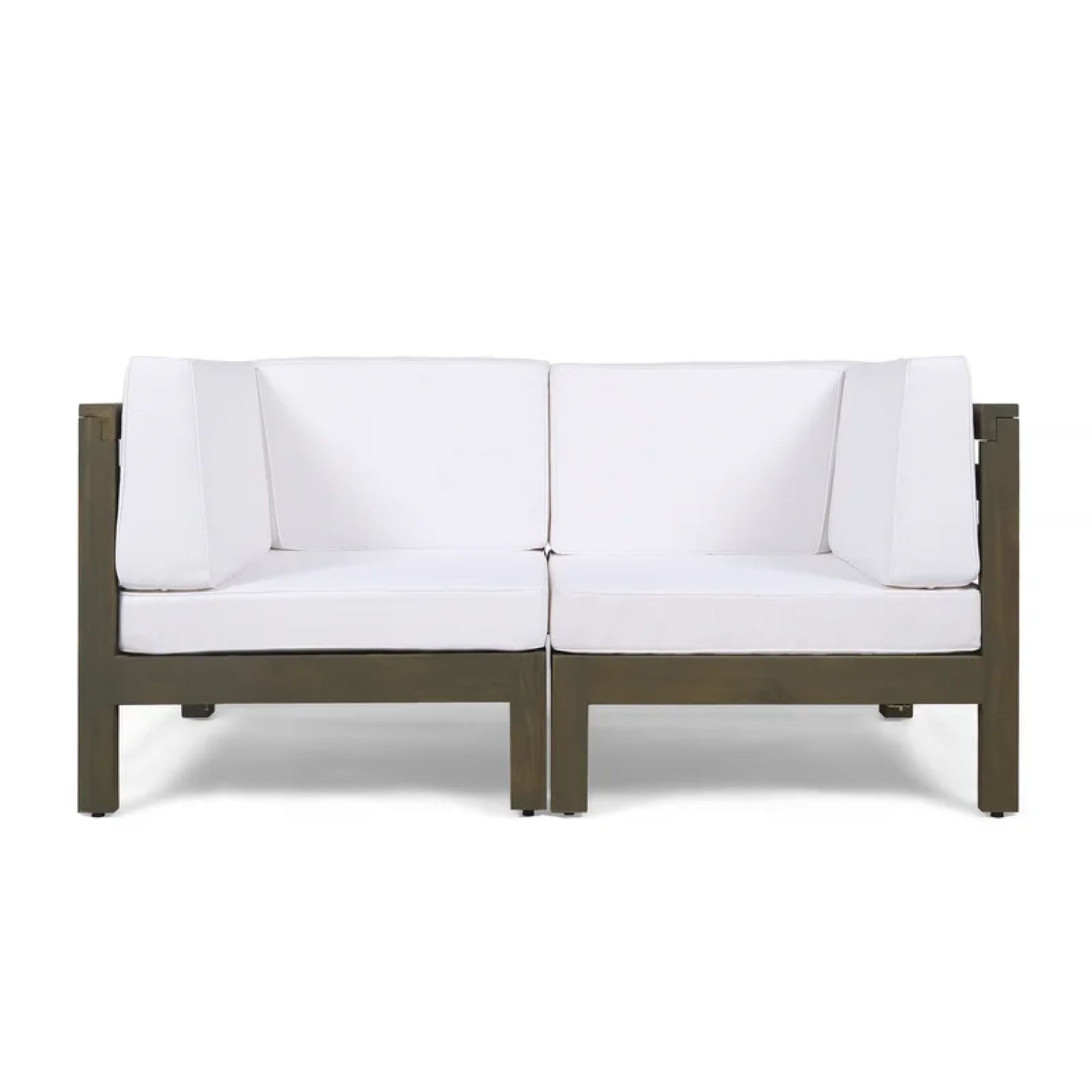 The Oana 2 Piece Loveseat Set features a modern design with a dark wooden frame and water-resistant white cushioned seats and backrests, displayed against a plain white background.
