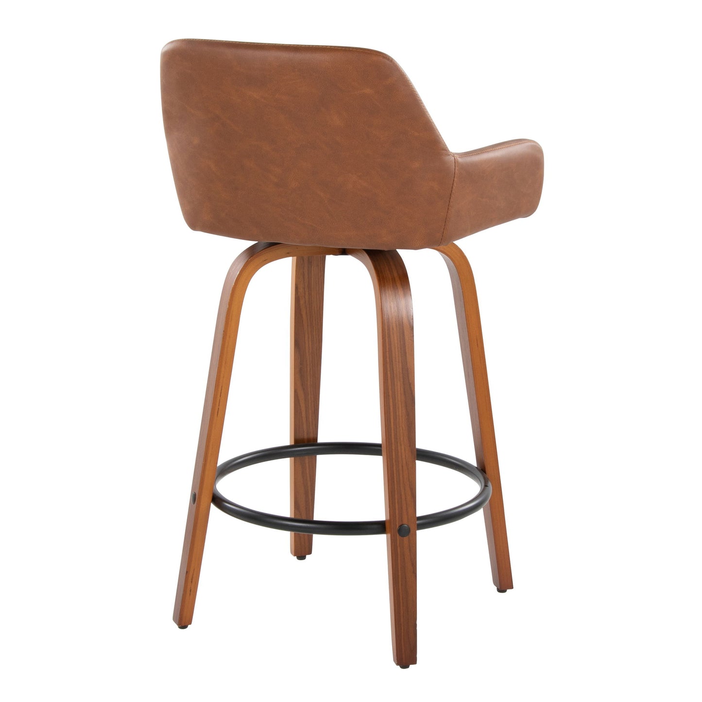 The Daniella Contemporary Fixed Height Counter Stool features a swivel seat, curved backrest, wooden legs, and a round black metal footrest. Shown in brown leather finish and photographed from the back. Sold as a set of 2.