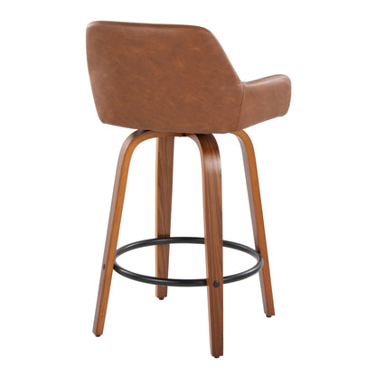 The Daniella Contemporary Fixed Height Counter Stool features a swivel seat, curved backrest, wooden legs, and a round black metal footrest. Shown in brown leather finish and photographed from the back. Sold as a set of 2.
