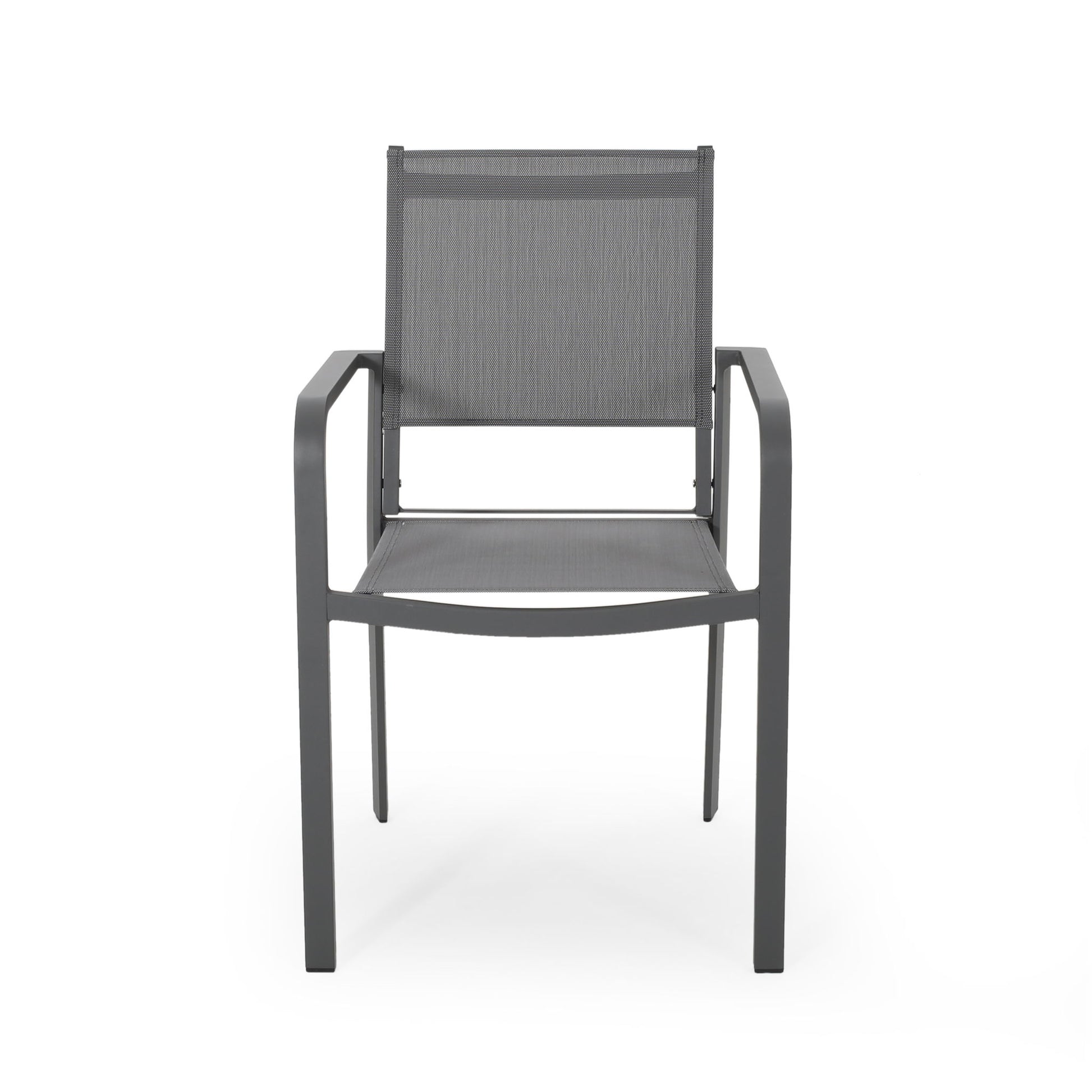 The Waterfal Outdoor Aluminum Dining Chair Set features modern gray metal chairs with mesh seats and backs, straight armrests, and four legs, shown against a plain white background. Sold as a set of 2.