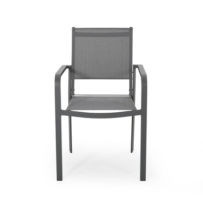 The Waterfal Outdoor Aluminum Dining Chair Set features modern gray metal chairs with mesh seats and backs, straight armrests, and four legs, shown against a plain white background. Sold as a set of 2.