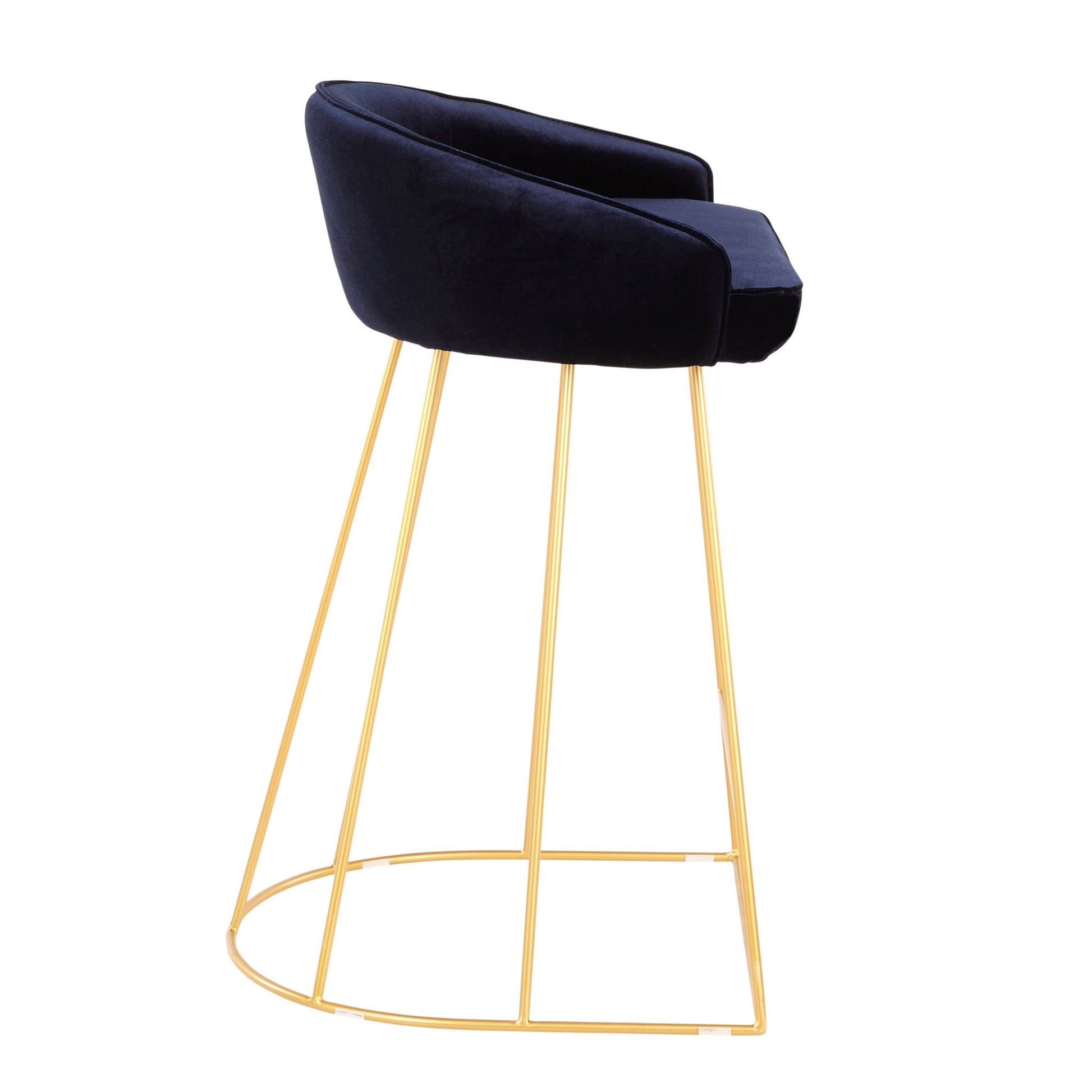 The Canary Contemporary Counter Stool (Set of 2) features a curved, upholstered black seat with a low backrest and slim gold metal legs forming a geometric open frame and rounded base.