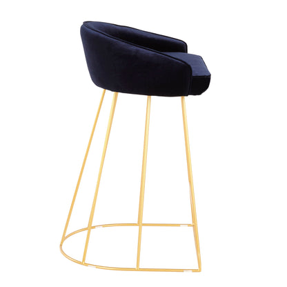 The Canary Contemporary Counter Stool (Set of 2) features a curved, upholstered black seat with a low backrest and slim gold metal legs forming a geometric open frame and rounded base.