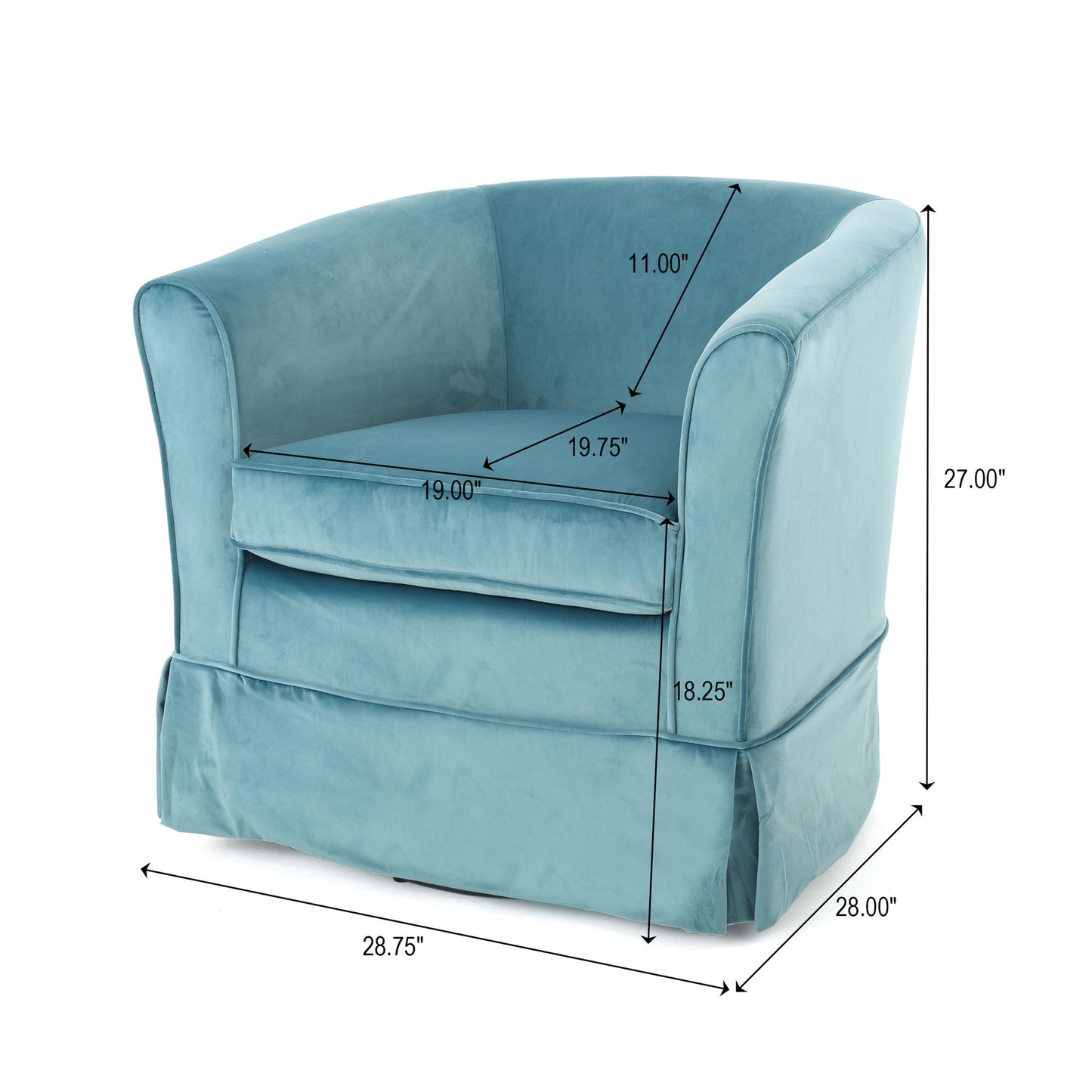 The Zeniqua Upholstered Velvet Swivel Chair With Loose Cover is light blue and measures 27" tall, 28.75" wide, 28" deep, with a seat depth of 19.75", seat width of 19", seat height of 18.25", and back height of 11".
