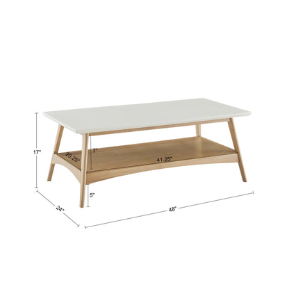 The Modern Table With Extra Storage features a white top, wooden legs, and a lower shelf (41.25" x 20.25") set 5" above the ground. Dimensions: 48" L x 24" W x 17" H.