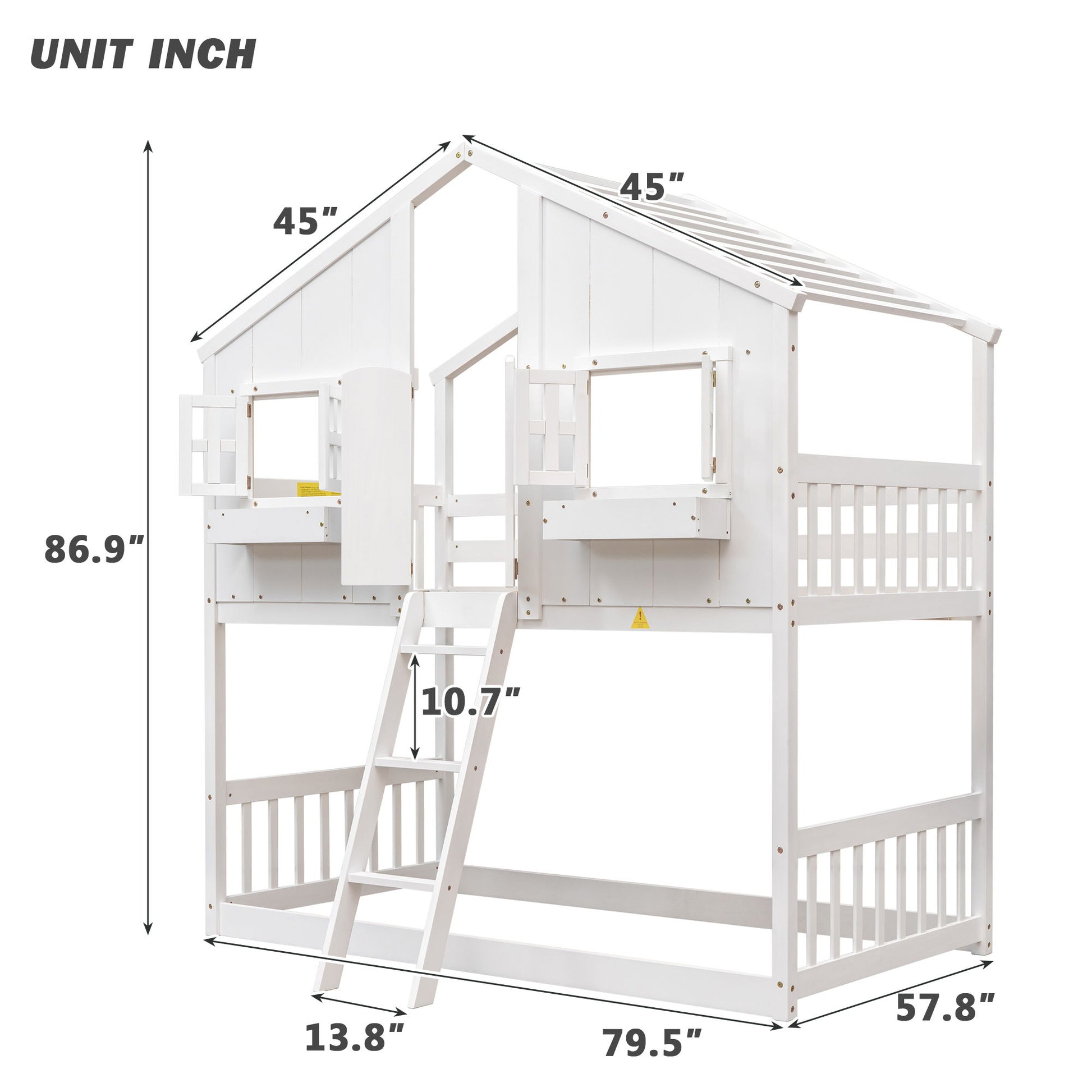 The House Bunk Bed with roof, windows, window box, door, safety guardrails, and ladder is made of white wood and measures 86.9"H x 79.5"W x 57.8"D; features labeled openings and ladder heights in inches.