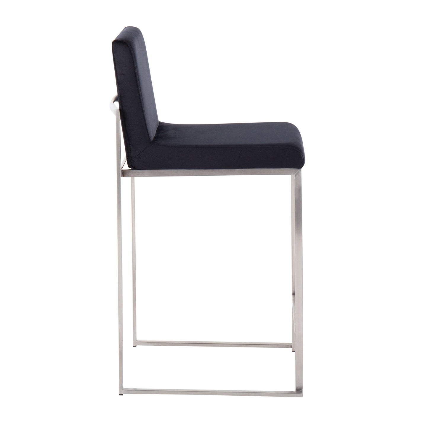 Side view of the Fuji Contemporary High Back Counter Stool, featuring a black cushioned seat and backrest with a sleek chrome-finished metal frame for a functional, minimalist design.