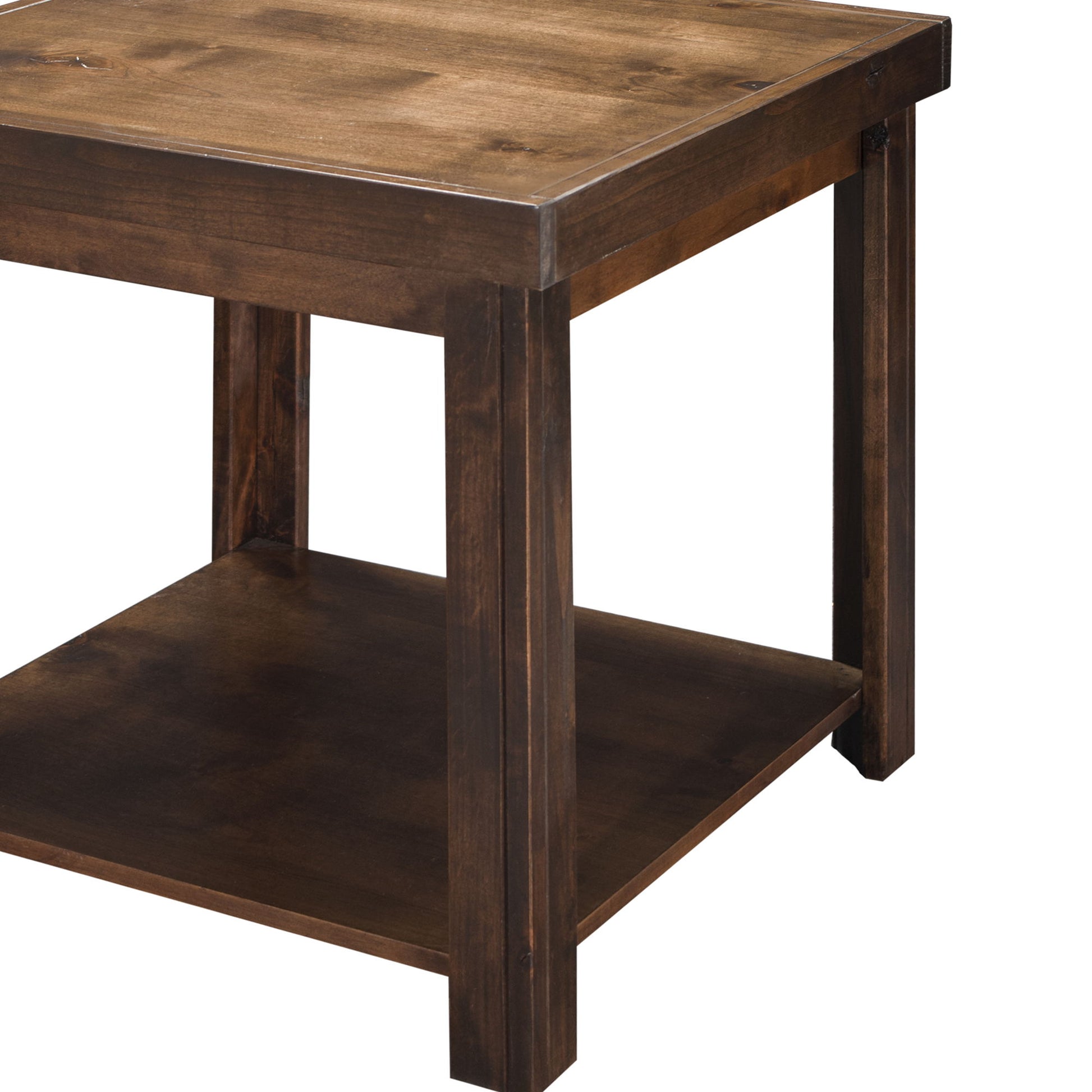 The Couch.com Sausalito Side Table in Whiskey features wood construction with a dark brown finish, a square top, four sturdy legs, and a lower shelf for extra storage. Shown against a plain white background.