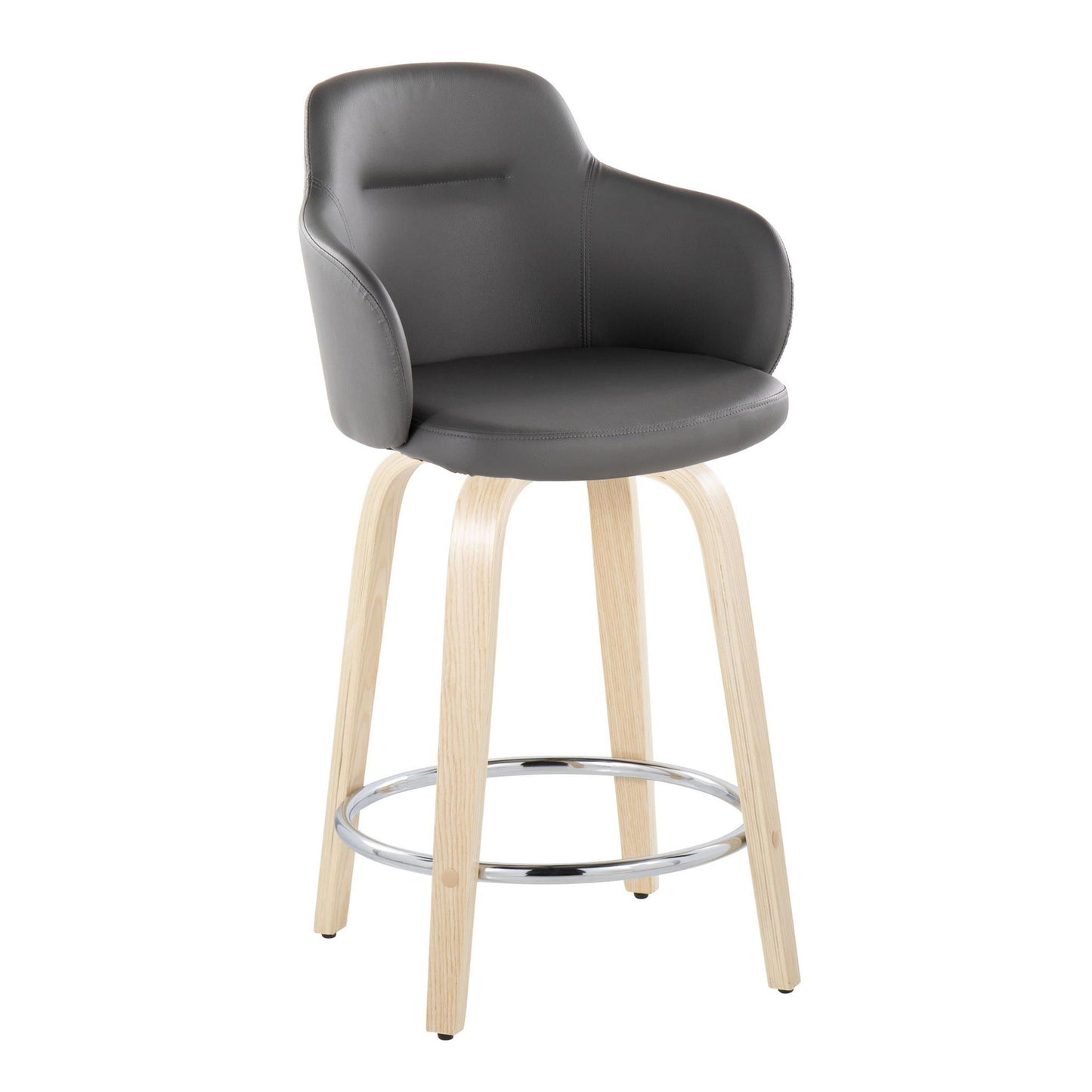 The Boyne Contemporary Fixed Height Counter Stool features a cushioned grey seat, curved backrest with armrests, light wood legs, and a round chrome footrest. Swivel design; comes in a set of 2.