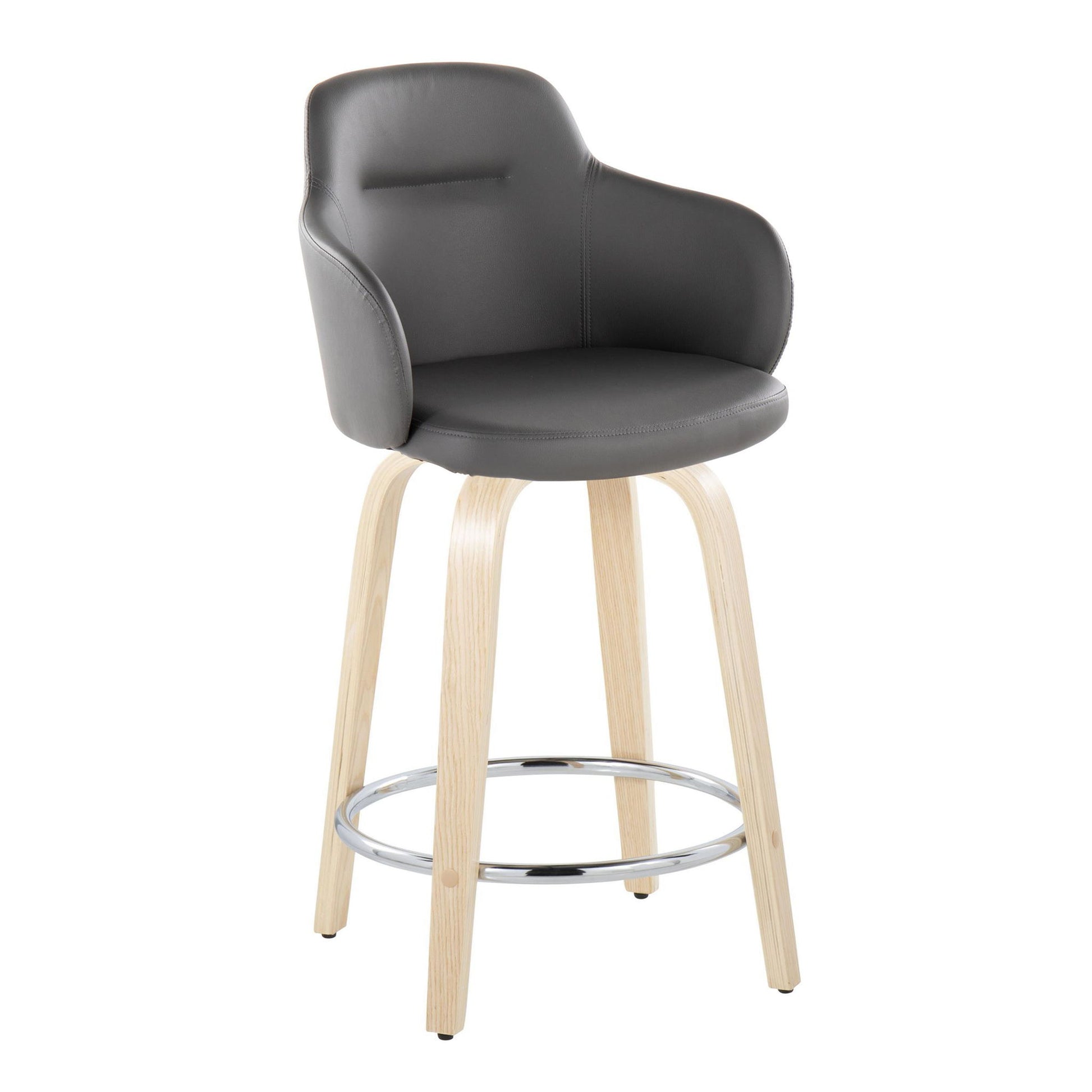 The Boyne Contemporary Fixed Height Counter Stool features a cushioned grey seat, curved backrest with armrests, light wood legs, and a round chrome footrest. Swivel design; comes in a set of 2.