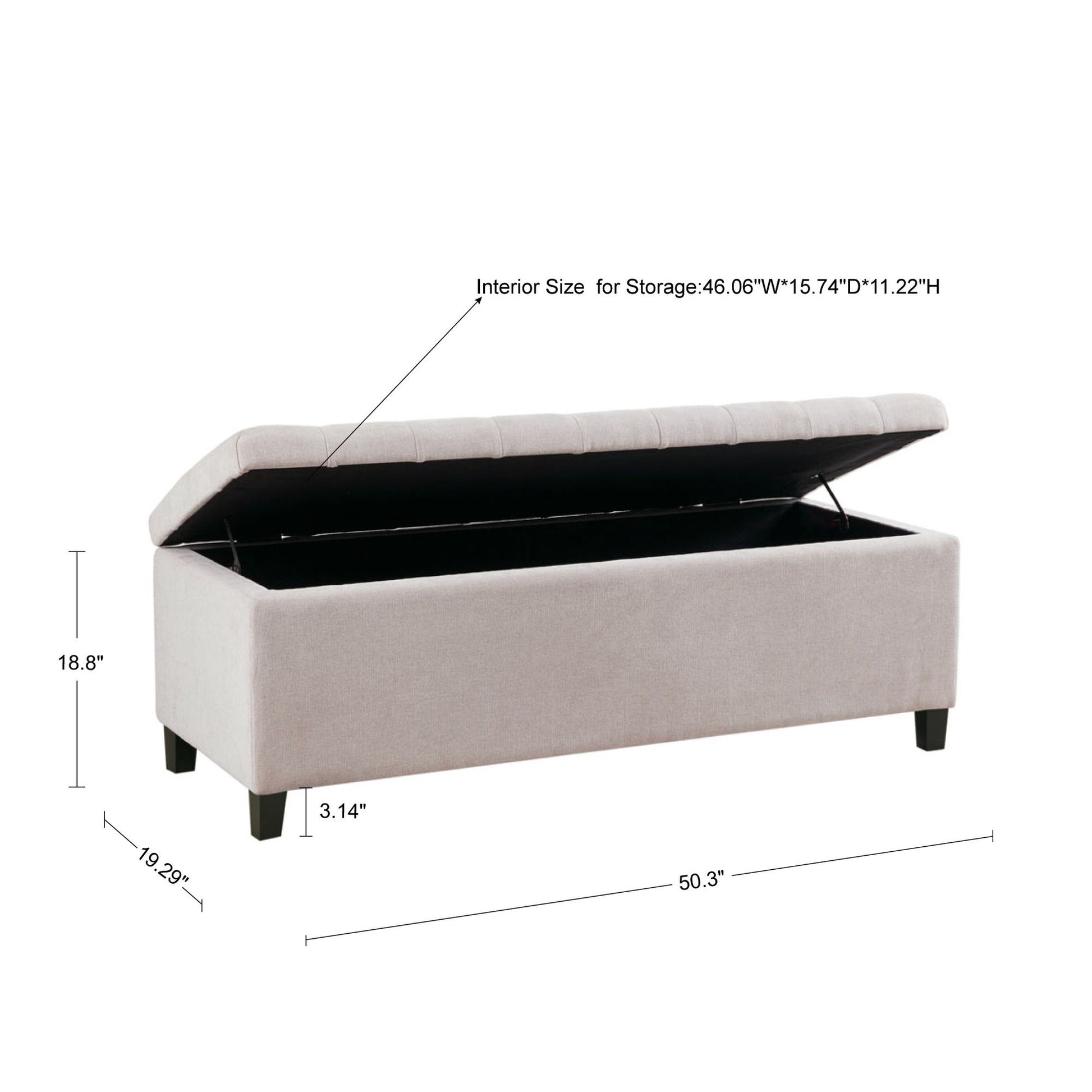 The Elegant Design Tufted Top, Soft Close Storage Bench in light beige features a partially open tufted lid and interior storage. Overall size: 50.3"W x 19.29"D x 18.8"H; interior: 46.06"W x 15.74"D x 11.22"H.