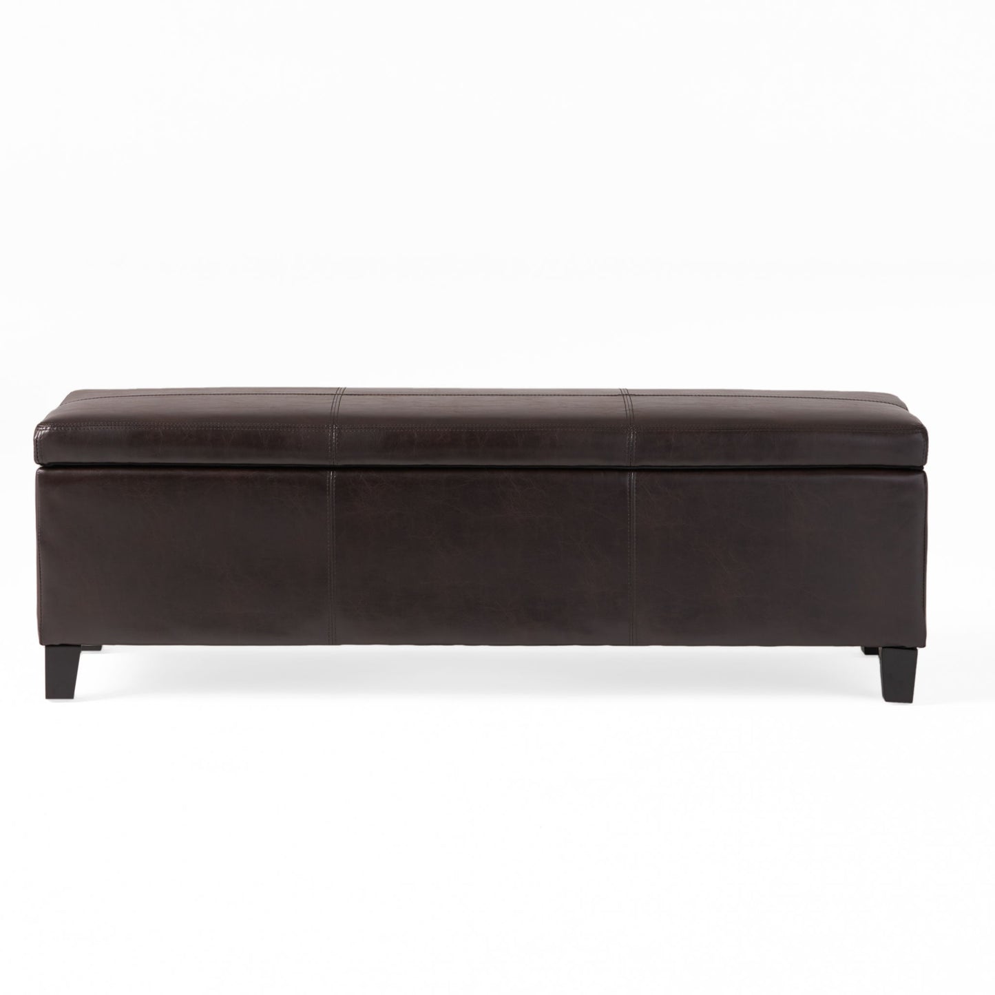 The Glouster - Contemporary Storage Ottoman features a rectangular, dark brown leather design with short black legs, shown against a plain white background.