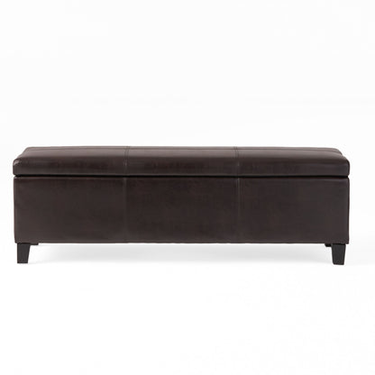 The Glouster - Contemporary Storage Ottoman features a rectangular, dark brown leather design with short black legs, shown against a plain white background.