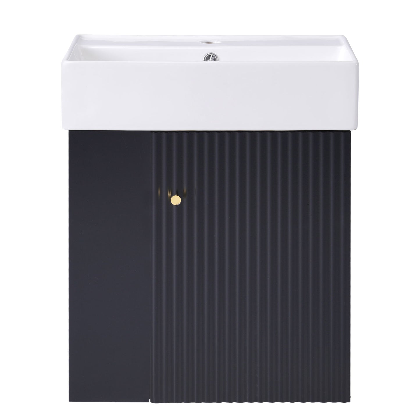 The Modern Floating Bathroom Vanity With Ceramic Basin features a white rectangular sink atop a black grooved cabinet with a small round gold-colored knob, perfect for small bathrooms.